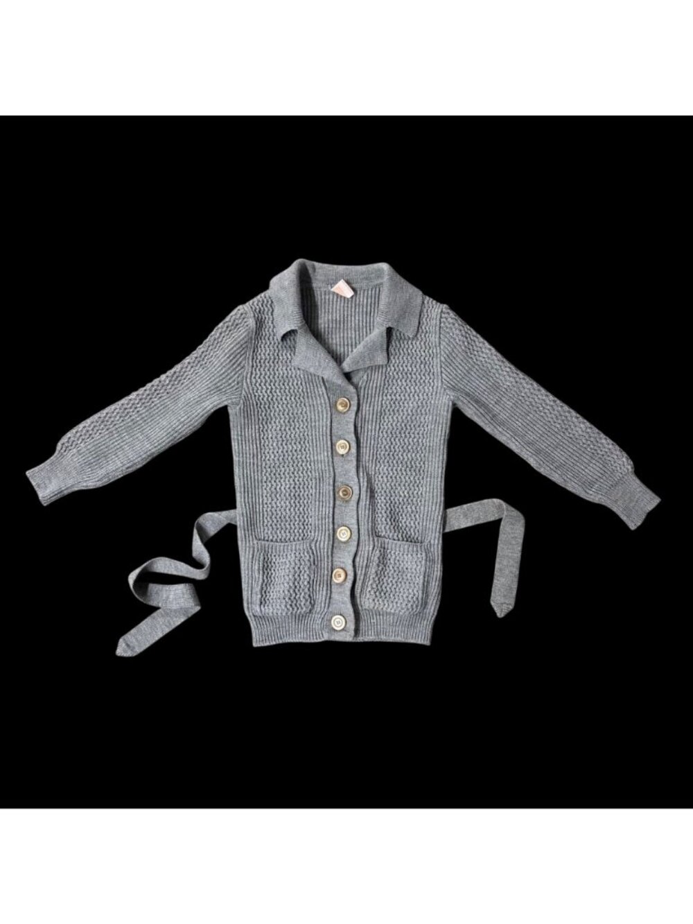 Vintage Gray Cardigan Sweater Belt Small Acrylic 1970s Ribbed Long Sleeve - Picture 2 of 6